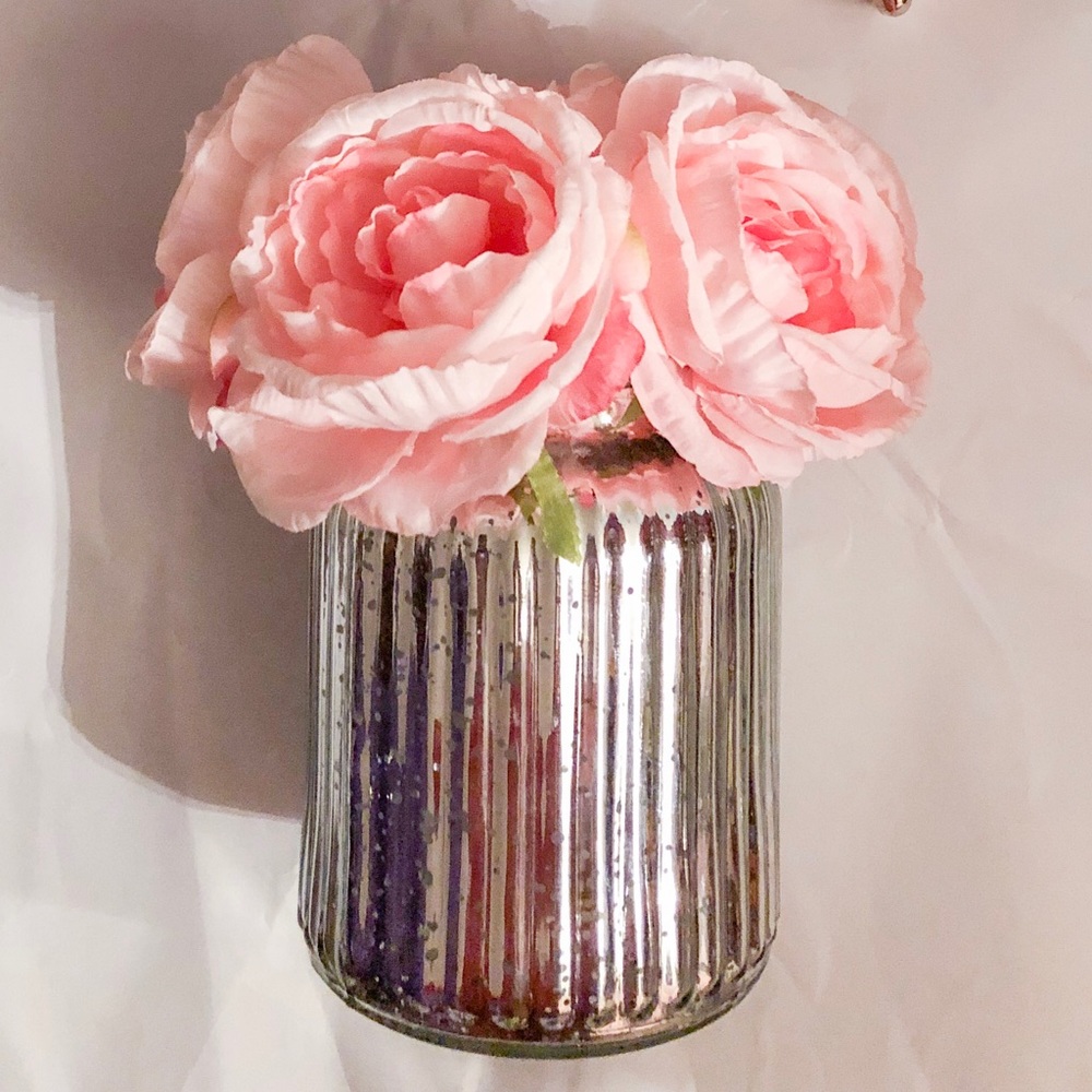 Pink Peonies in Rustic Silver Vase